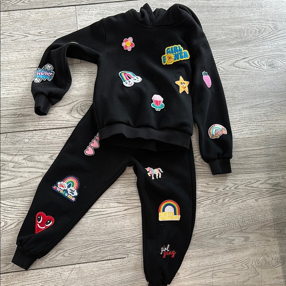 Lola + The Boys Black Jogger Set with Colorful Patch Accents